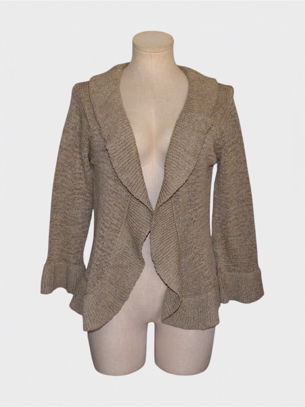 Willi Smith Taupe Cotton Blend Ruffle Knit Cardigan